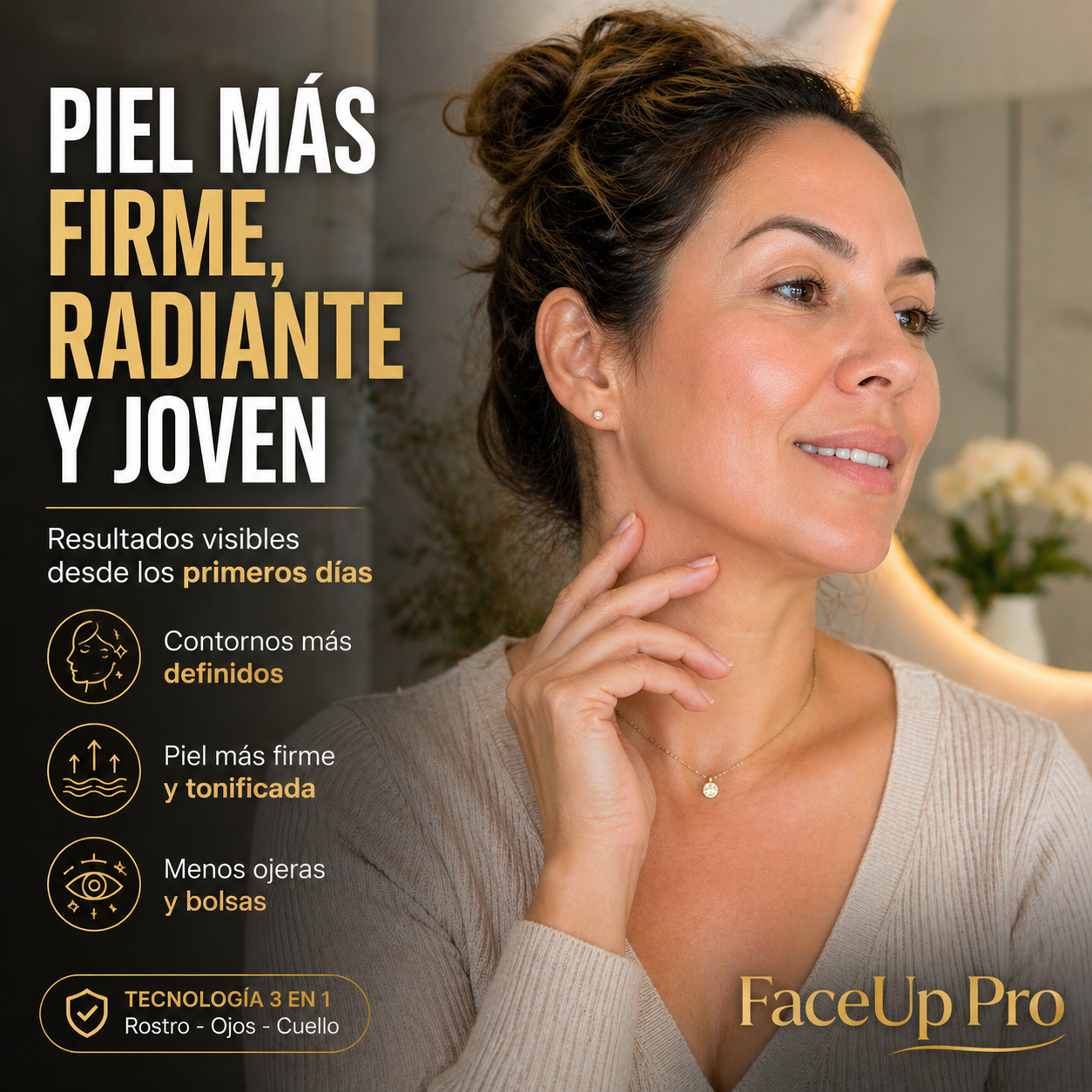 Reafirma tu rostro sin cirugía. Tecnología 3 en 1 que trabaja donde las cremas no llegan