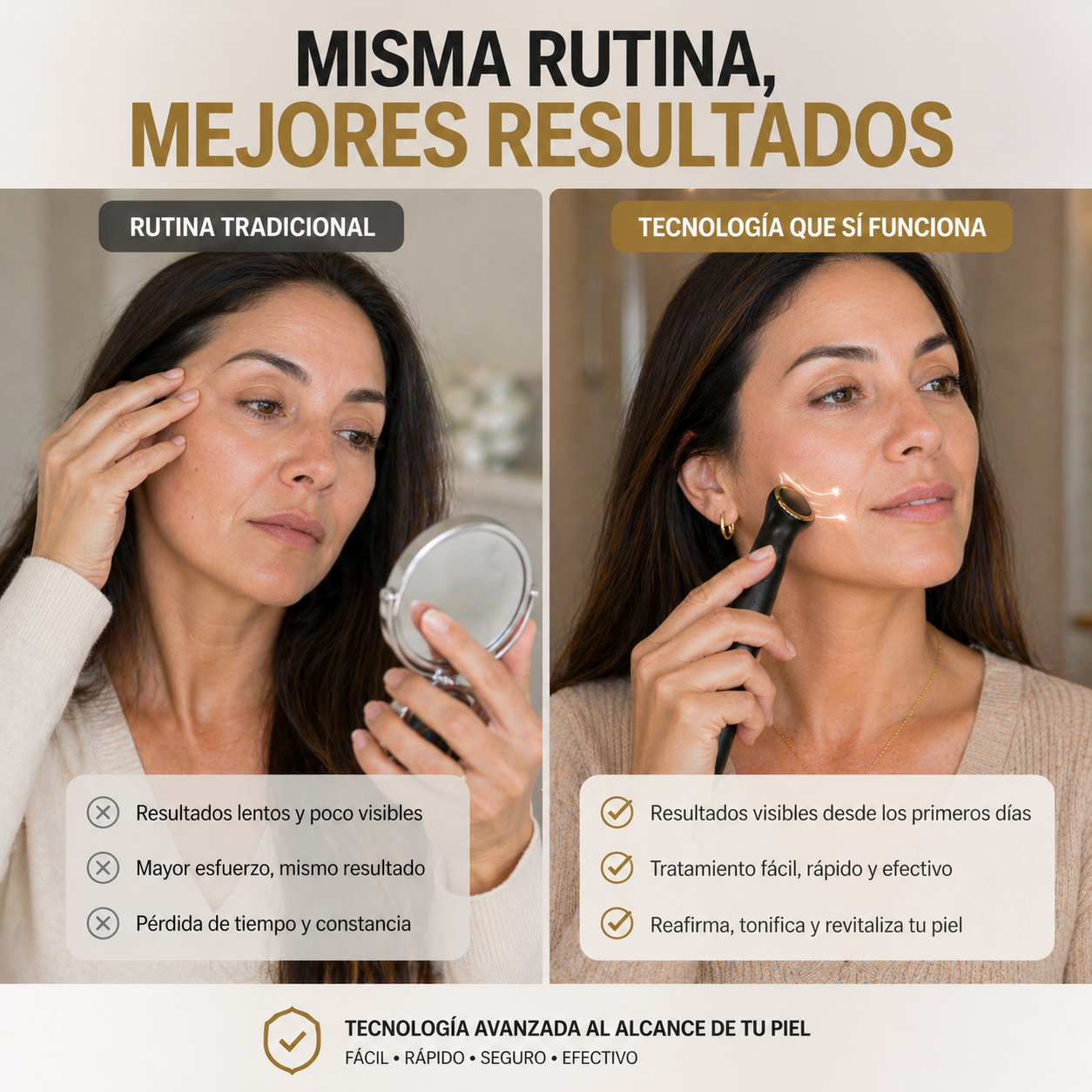 Reafirma tu rostro sin cirugía. Tecnología 3 en 1 que trabaja donde las cremas no llegan